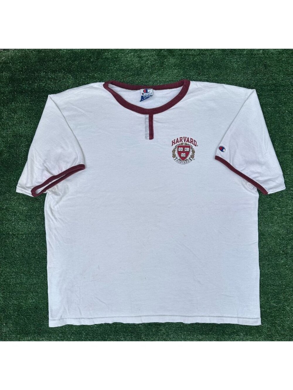 Vintage 90s Harvard University Henley Ringer T-Shirt White XL Preppy Collegiate